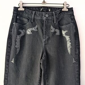 Guess Women's Amaya Straight Leg Black Jeans with Black Leather Applique~Size 27